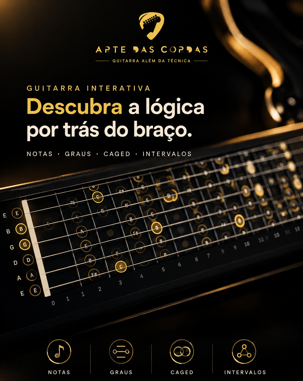 Guitarra Interativa do Arte das Cordas para estudos do braço da guitarra